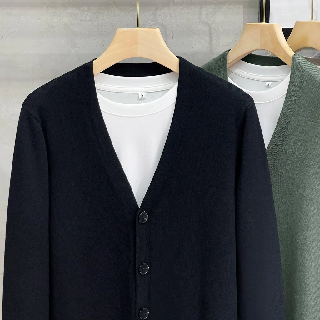 Men's cotton knit V-neck cardigan in black, green, apricot, light grey or dark grey, loose fit, sizes M to 3XL