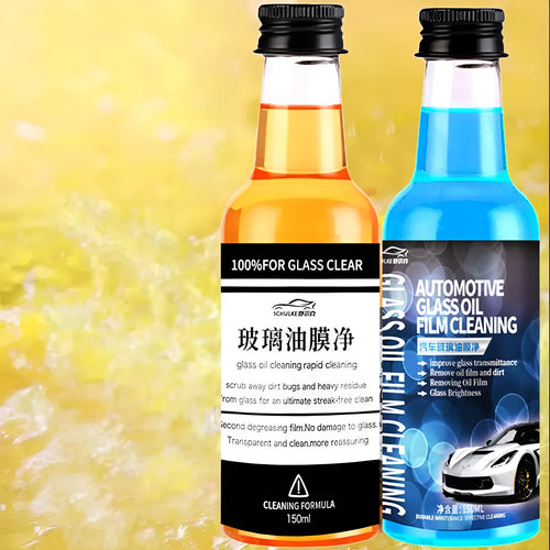 150ml spray bottle of car glass oil film remover cleaner in yellow and blue packaging options.