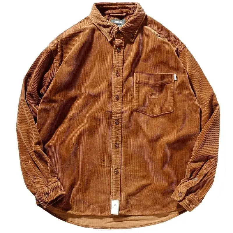 Long sleeve loose fit caramel corduroy Hong Kong style cardigan shirt laid flat