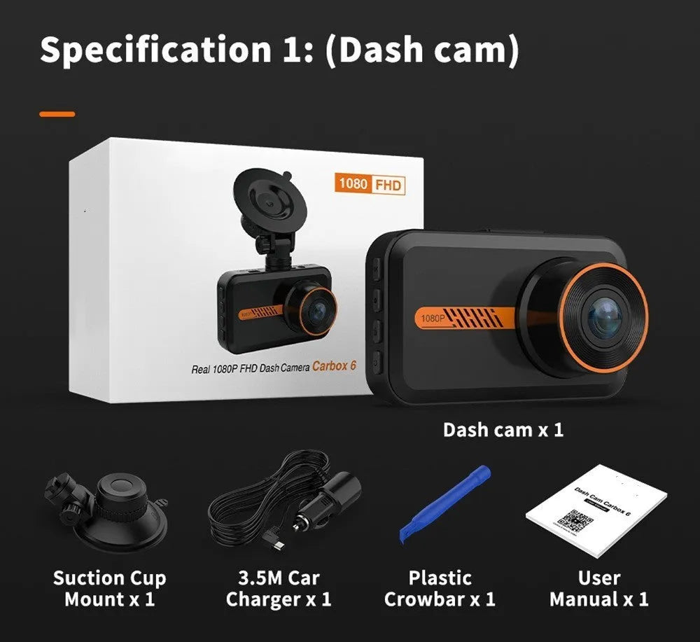 ThiEYE front and rear dash cam with 3-inch screen showing dual camera view and mounting accessories