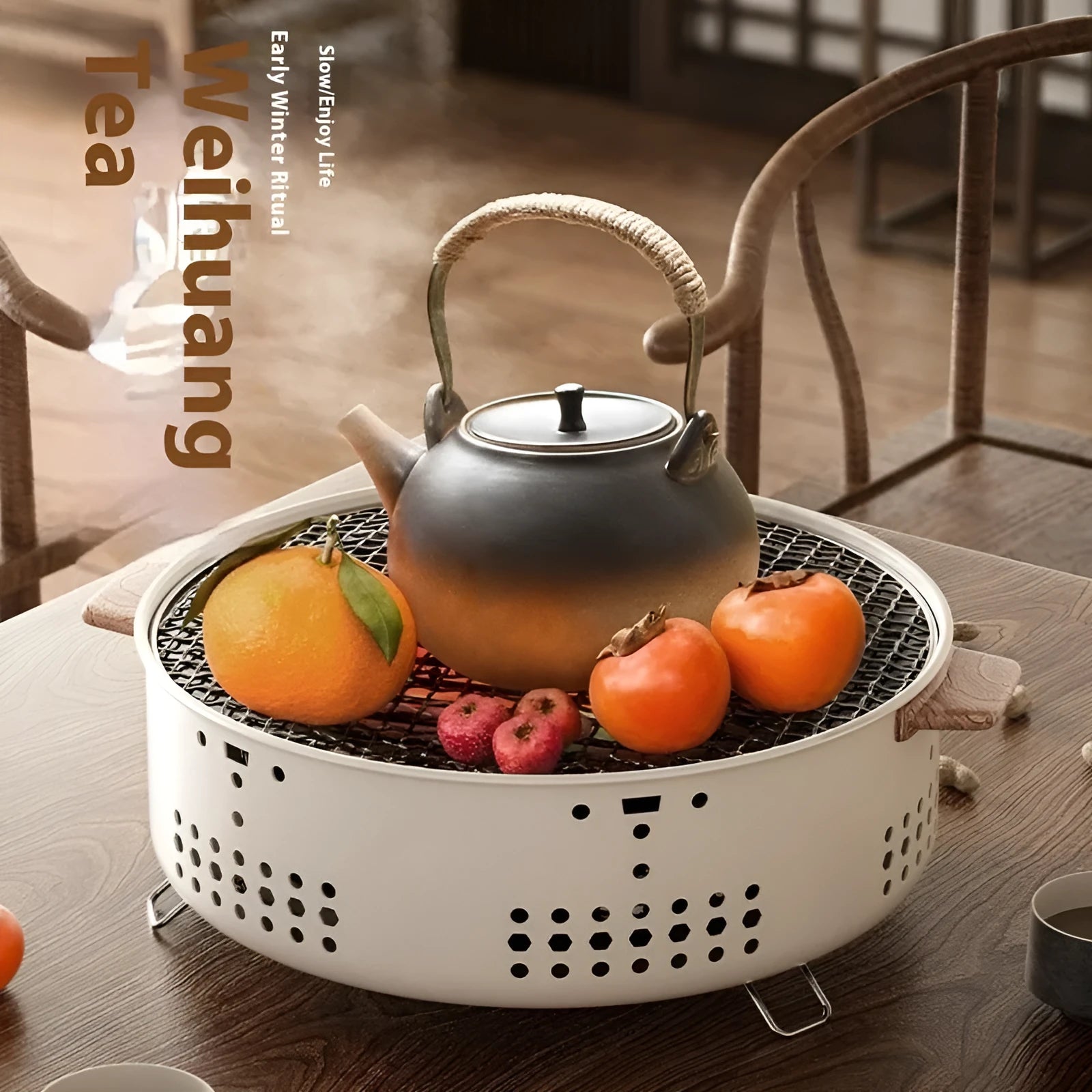 Portable carbon steel charcoal stove with a circular grill rack, for indoor and outdoor cooking.