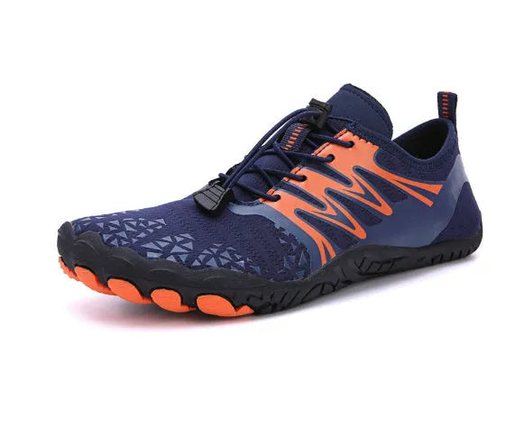 Men's white and black lace-up casual sports shoes with a non-slip rubber outsole on a plain background.