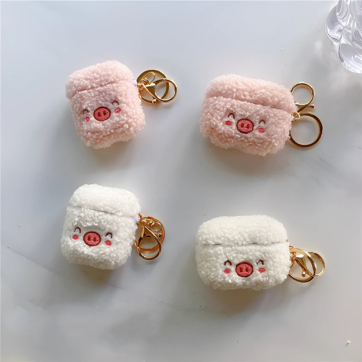 Plush pig flannel AirPods protective cover with bracelet in pink or beige