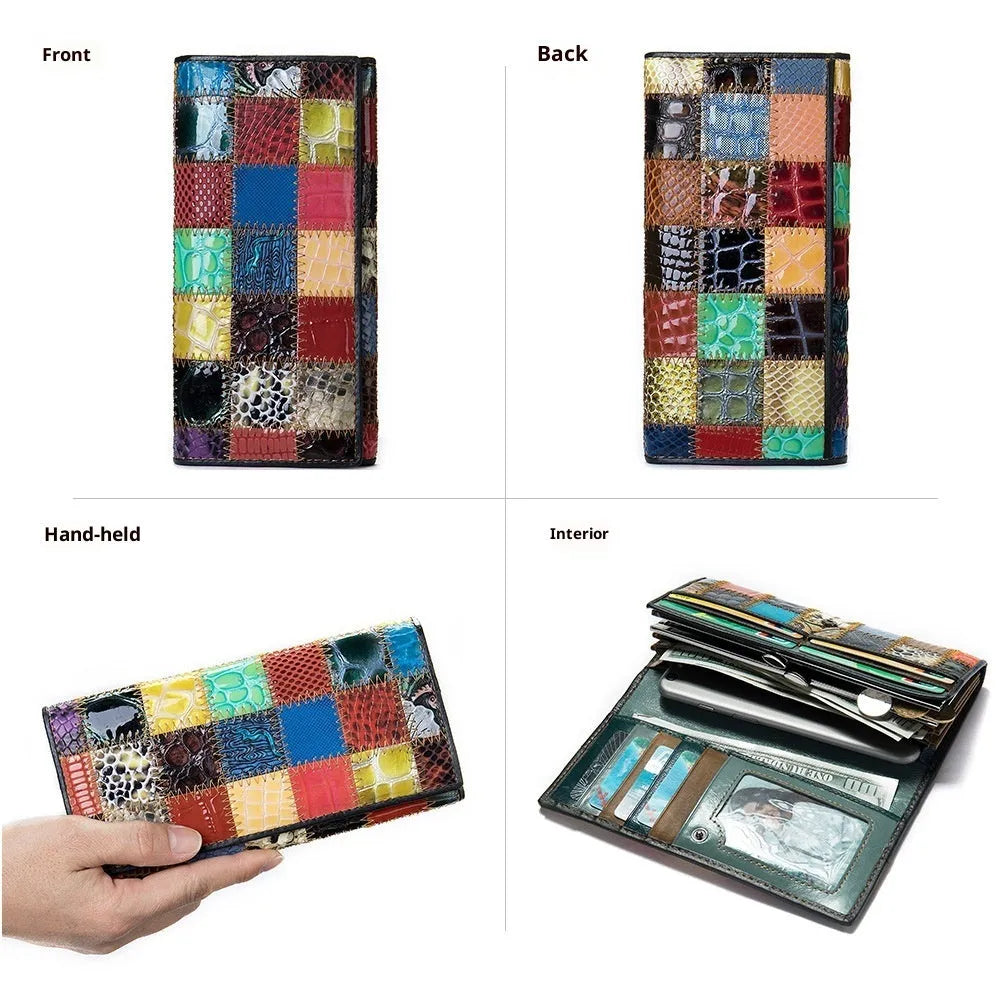 Women's genuine leather splicing wallet in 4131 geometric pattern with cowhide stitching, mid-length design