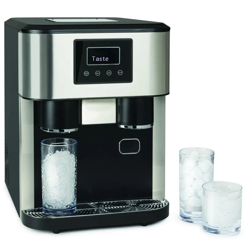 Black desktop ice maker with stainless steel accents on a kitchen countertop