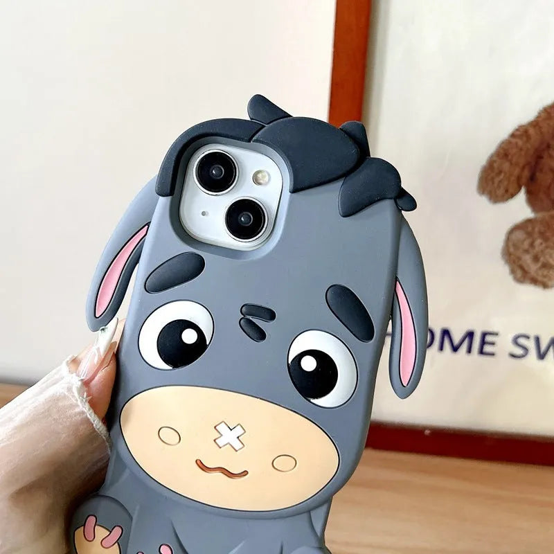 Gray silicone phone case with stereo cartoon little donkey design and epoxy finish for Apple iPhone