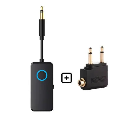 Black Bluetooth 5.4 audio adapter with a 3.5mm plug for wireless streaming to speakers and headphones.