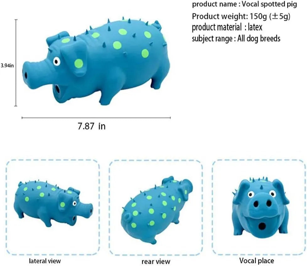 Blue latex pig-shaped dog chew toy with a textured surface and squeaker inside.