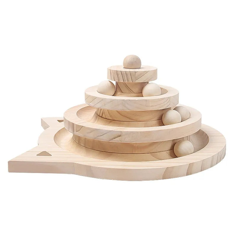 Solid wood turntable cat teaser with self-hi motion in double-layer configuration