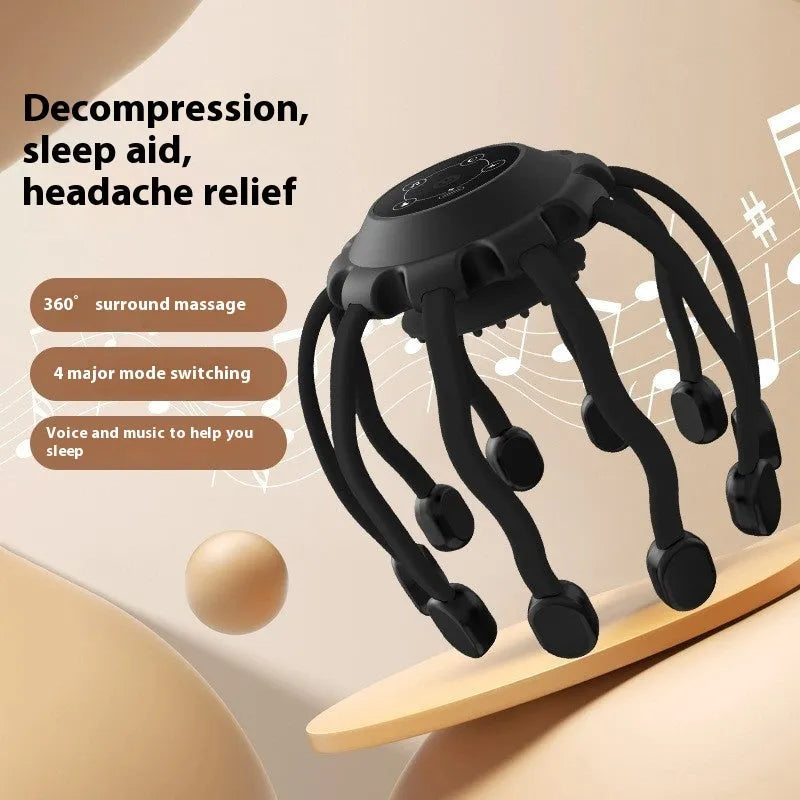 Black handheld head massager with eight extending claws showing silicone tips and control button