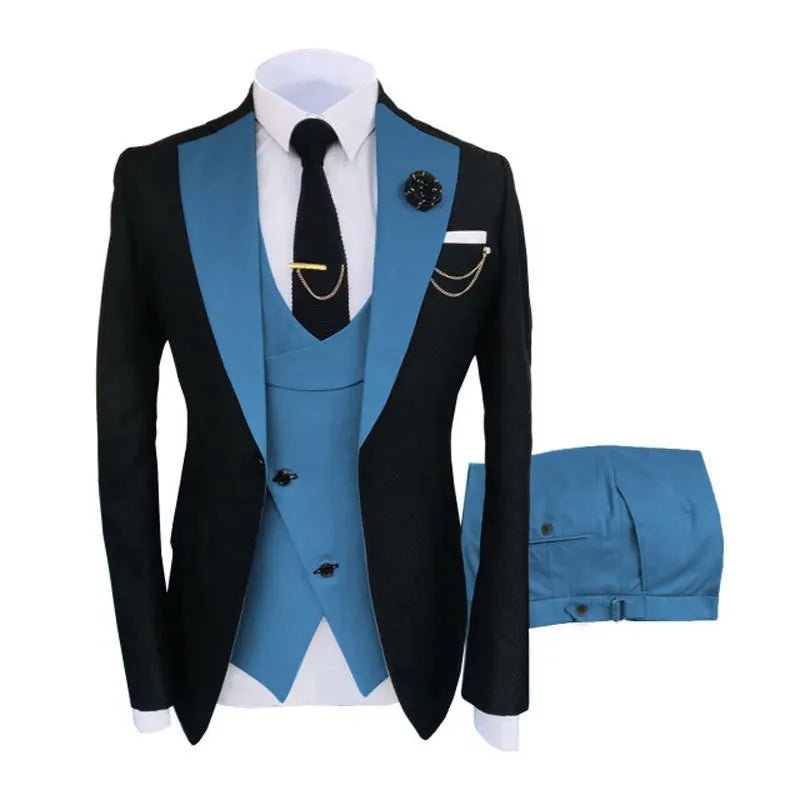 Men's slim fit cotton three-piece business suit with vest for formal occasions.