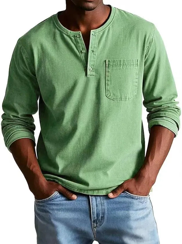 Men's V-neck long-sleeved t-shirt with button design in solid colour, front view showing polyester fibre fabric