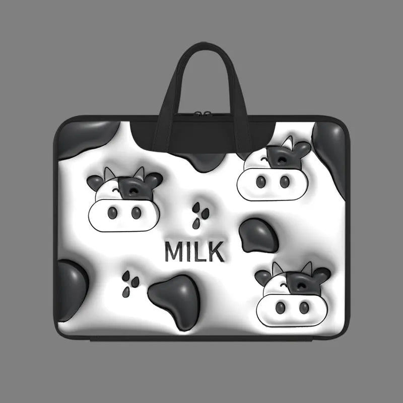 Inflatable laptop bag with strap hanging from suitcase handle, PU leather interior.