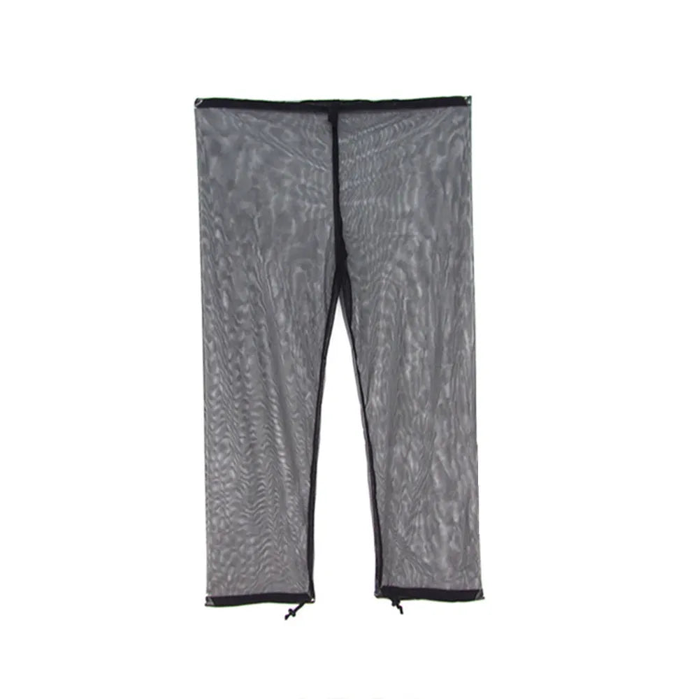 Four-piece anti-mosquito suit set showing hooded top, pants and booties in breathable mesh fabric