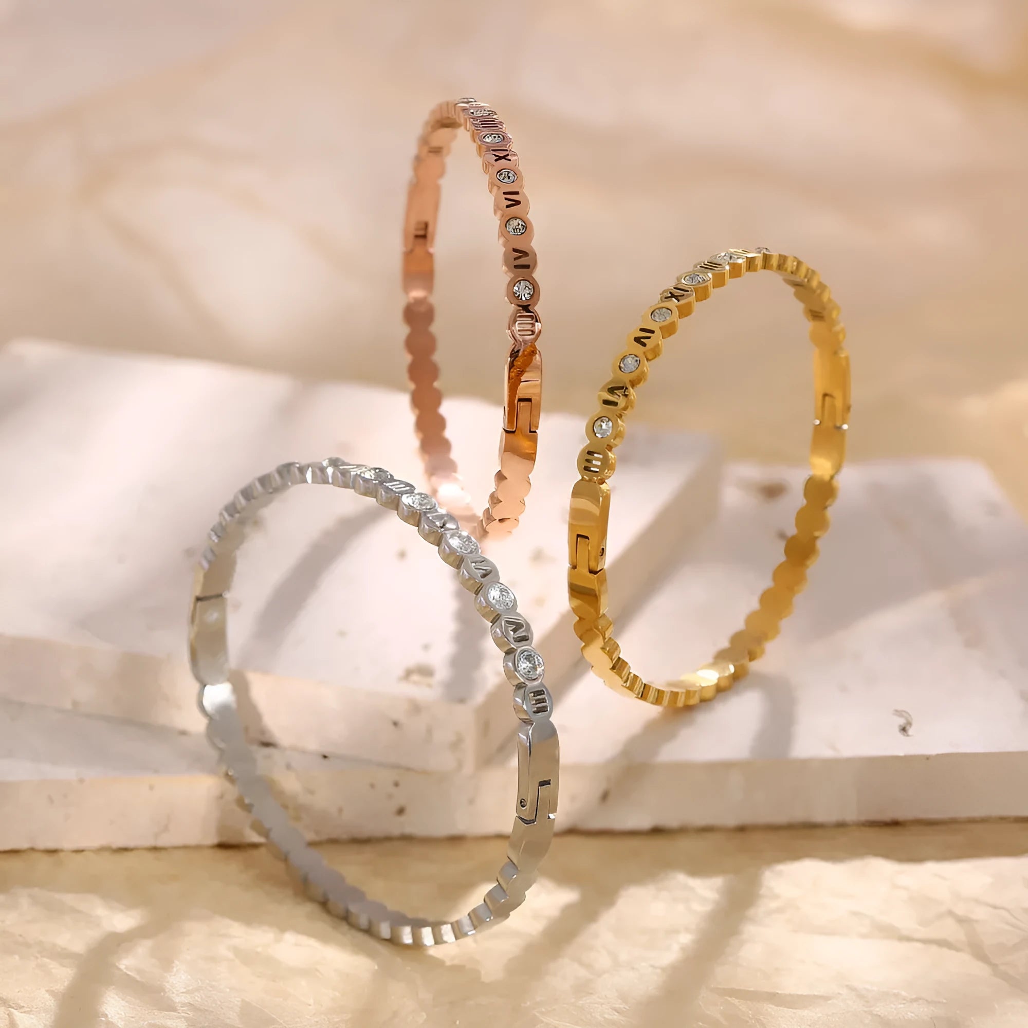 Titanium steel Korean style bracelet with numeric elements in gold, rose gold, or steel colour.