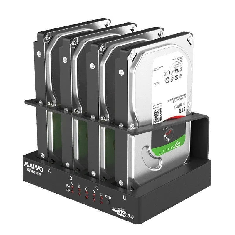 External four-bay hard drive docking station for 2.5-inch drives with cables and power adapter.