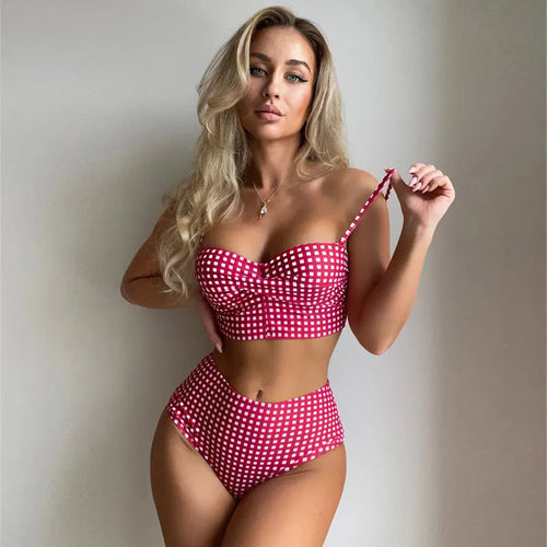 Women's high-waist plaid bikini swimsuit in rose red with separate top and briefs