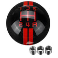 Black acrylic manual car gear shift knob with 5-speed and reverse markings, shown with three screw fittings.
