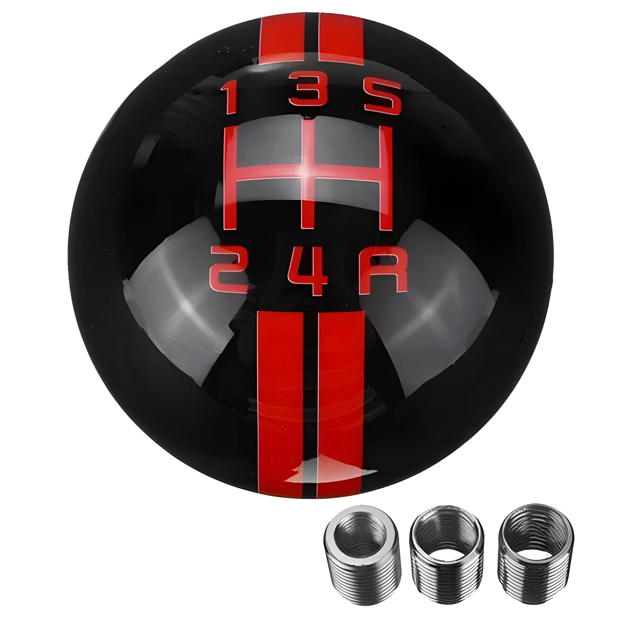 Black acrylic manual car gear shift knob with 5-speed and reverse markings, shown with three screw fittings.