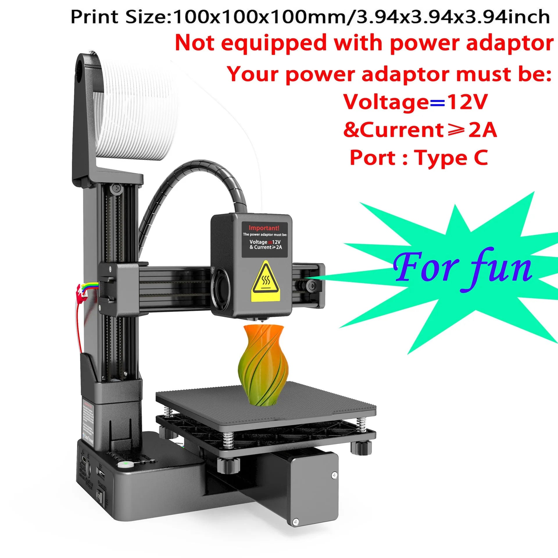 White EasyThreed K10 desktop 3D printer with power adapter for TPU and PLA filament.