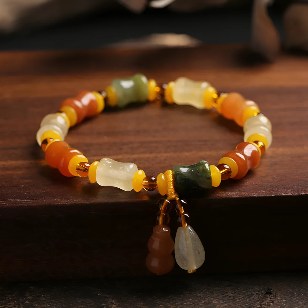 Natural Xinjiang Jinsi Jade small bone beads bracelet with geometric Chinese design