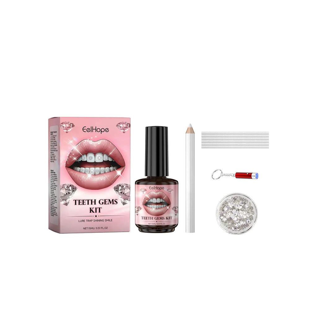 Tooth decoration kit with UV lamp, glue bottle, gem pen, cotton strips, and 100 rhinestone gems on white background
