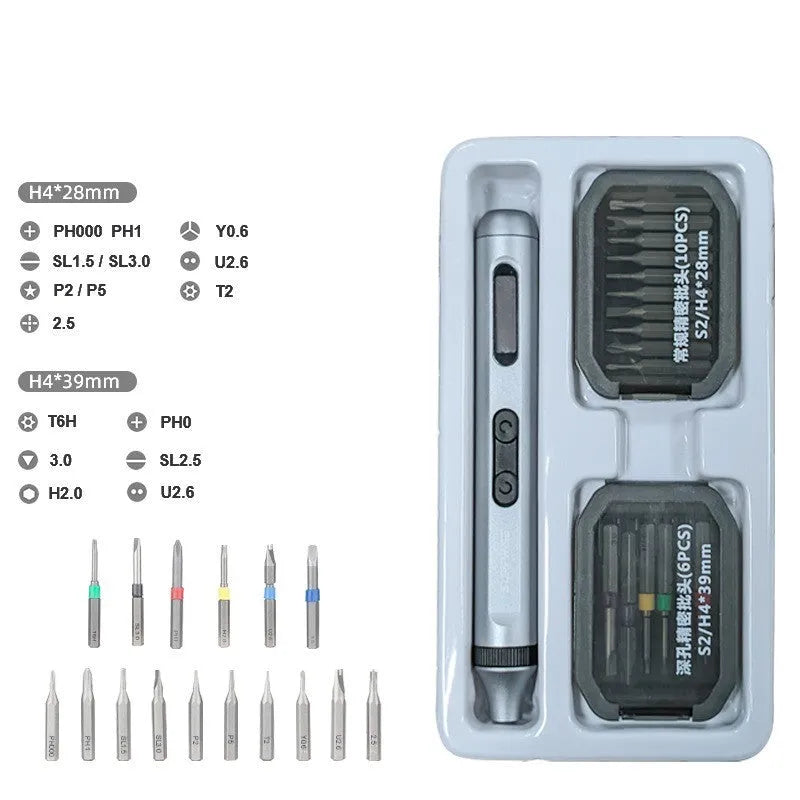 Precision electric screwdriver with aluminium alloy handle, showing compact 134.5mm size.