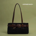 Retro leopard print PU shoulder bag in brown, compact horizontal square shape with double straps, 30x15x10cm.