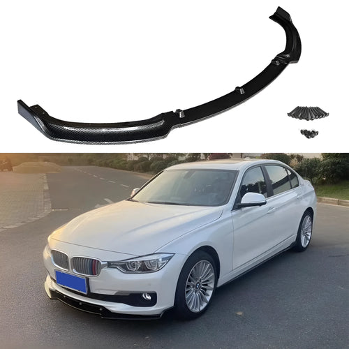 Bright black PP front bumper lip spoiler for BMW F30 F35 3 Series, shown with dimensions.
