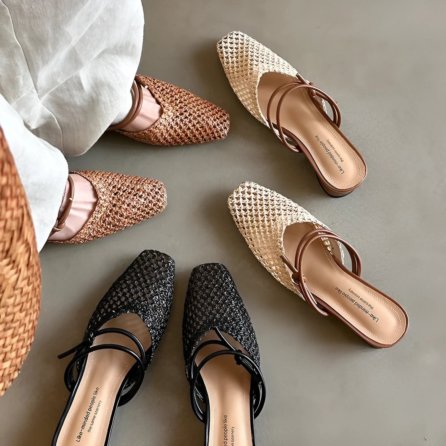 French style women's square toe slippers with hollow-out breathable design and retro thick heel