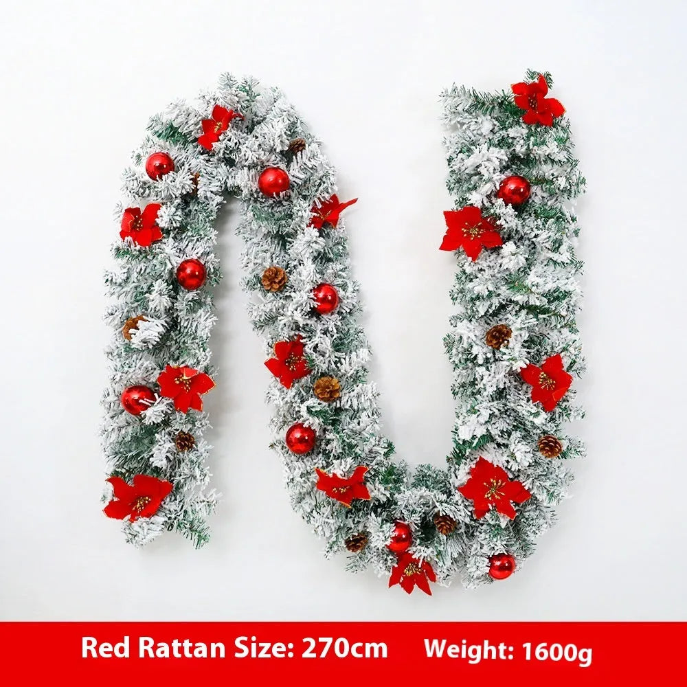 American-style PVC Christmas rattan garland with white flocking, shown draped in golden and red colour options.