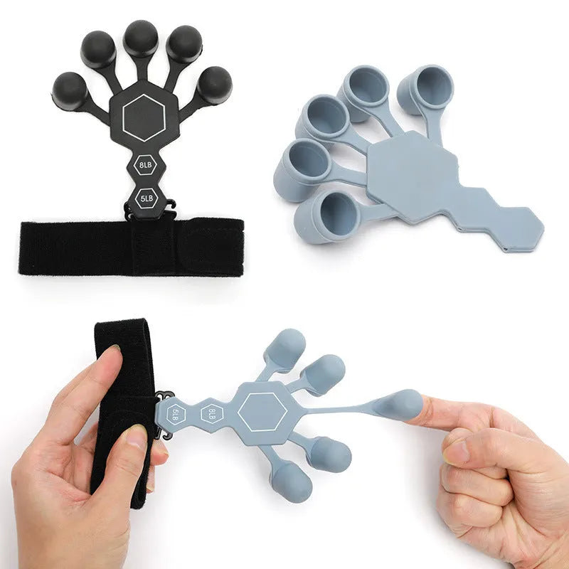 Grey silicone hand trainer brace with 5-finger design for adult rehabilitation and strength training