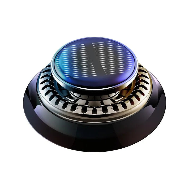 Solar-powered kinetic car air freshener with two rotating black rings on a plastic base.