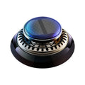Solar-powered kinetic car air freshener with two rotating black rings on a plastic base.