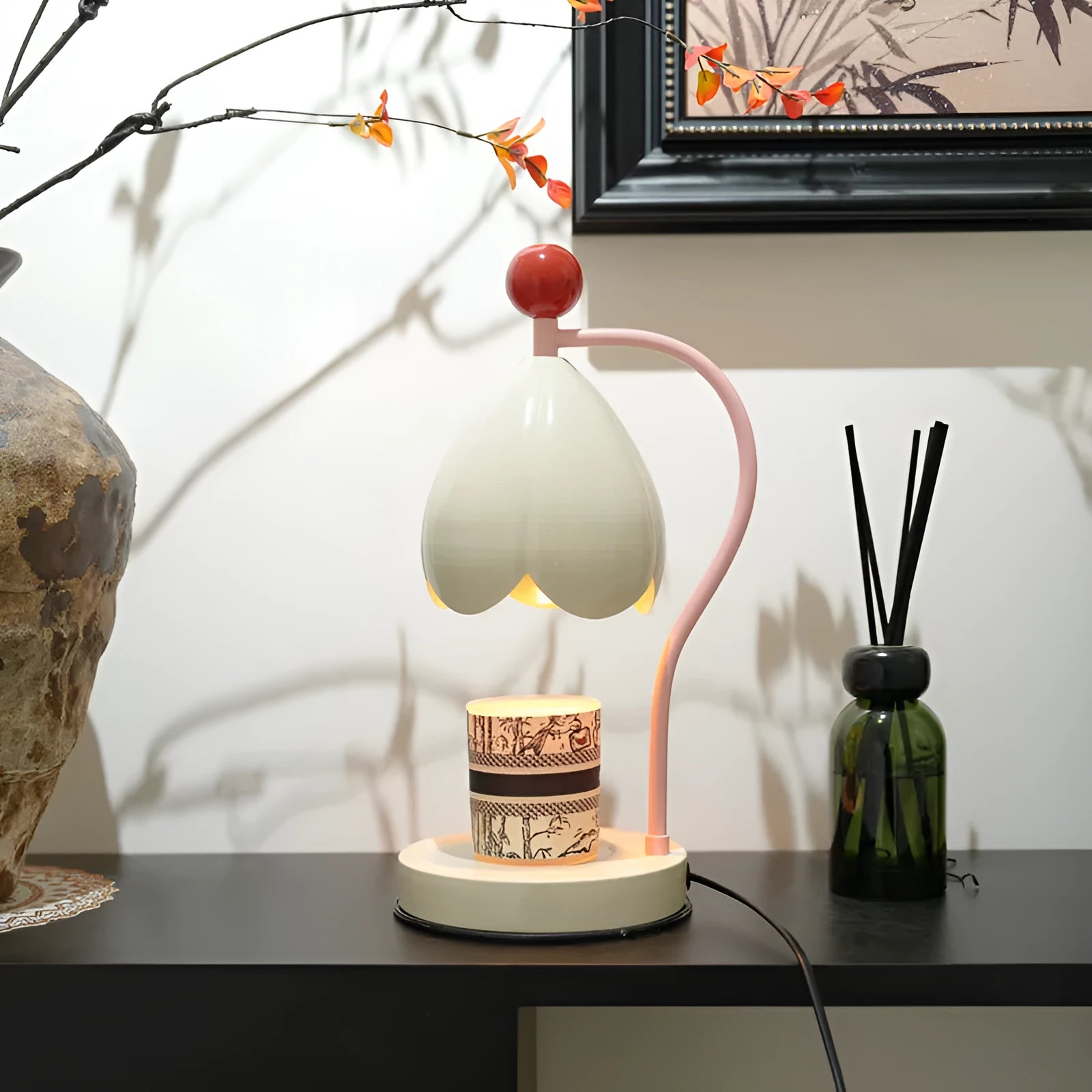 Linglan ancient style cream white melting wax fragrance lamp with metal holder on a desk
