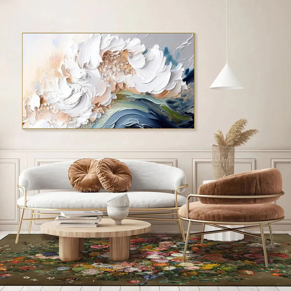 Modern abstract handmade oil painting heavy texture white waves unframed large canvas wall art