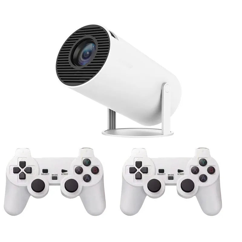 White Barrel X10 PLUS portable smart projector with gamepad and remote control on flat surface
