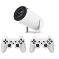 White Barrel X10 PLUS portable smart projector with gamepad and remote control on flat surface