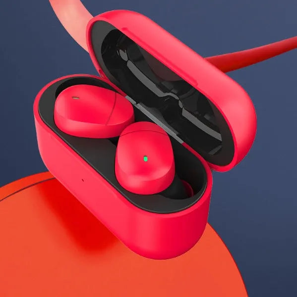 Flame red Qualcomm TWS 3040 Bluetooth wireless stereo earphones with charging cable