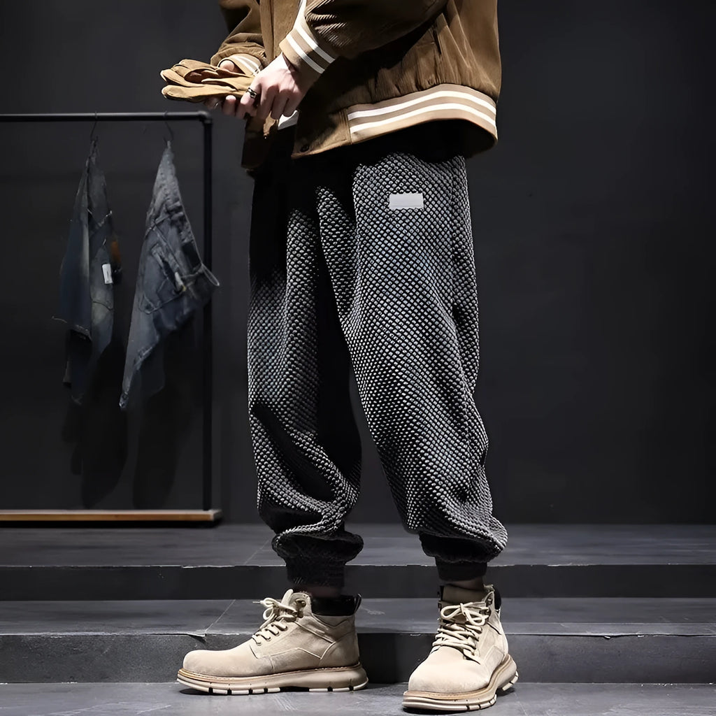 Men's grey ankle-tied casual sweatpants with straight leg cut and adjustable fastening