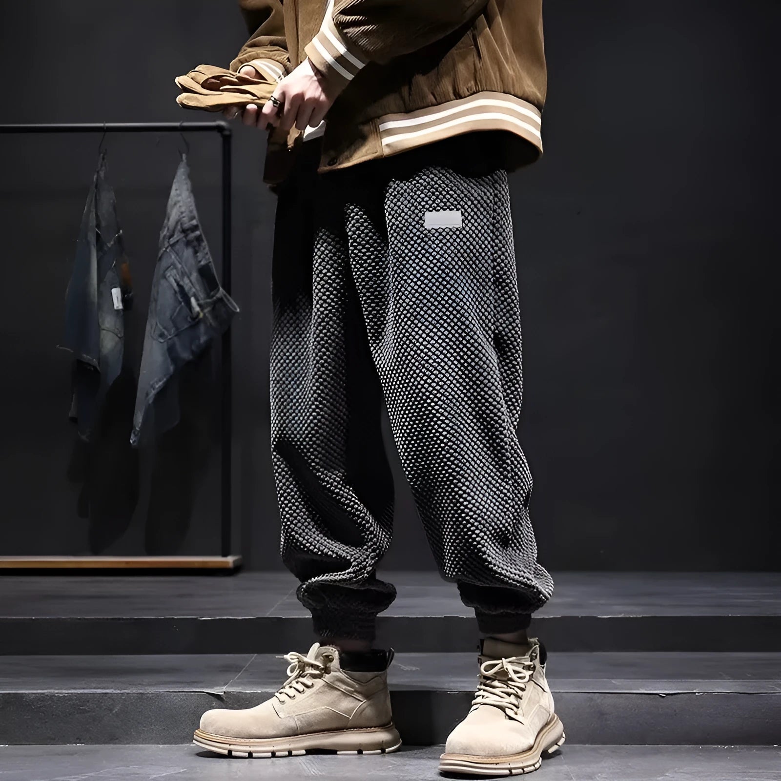 Men's grey ankle-tied casual sweatpants with straight leg cut and adjustable fastening