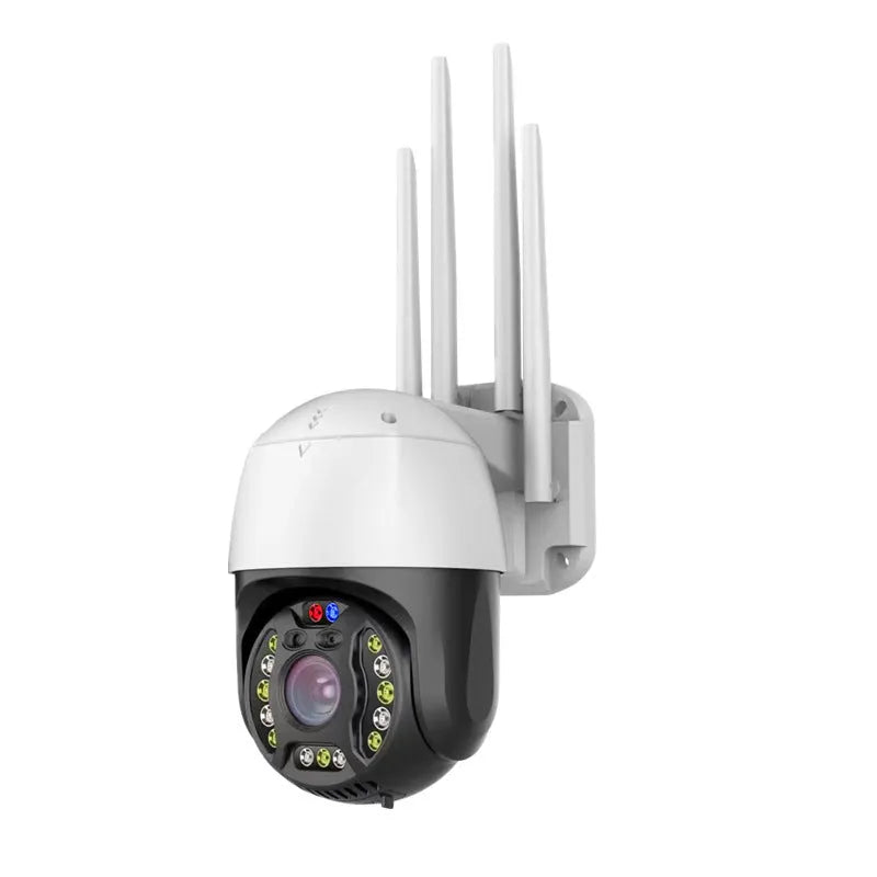 White outdoor dome security camera with 360-degree rotation on a wall mount