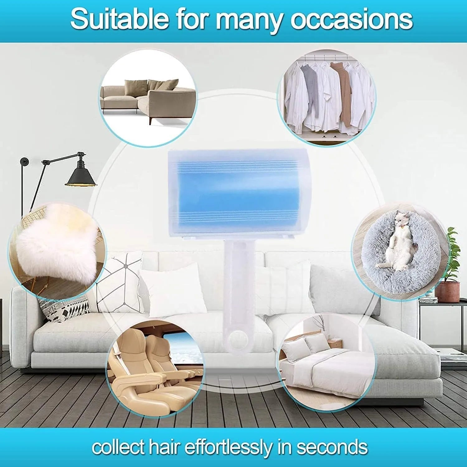Washable reusable lint roller for removing pet hair from fabrics, shown with protective cover in blue, green, pink or yellow.