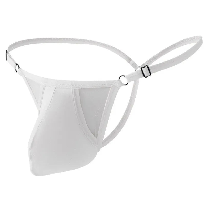 Men's geometric pattern ice silk T-back underwear in light purple colour, showing thin straps and adjustable waistband.