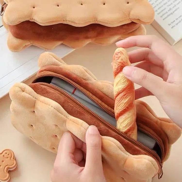 Plush sandwich biscuit pencil bag in cookie design, soft cartoon pencil case for stationery storage