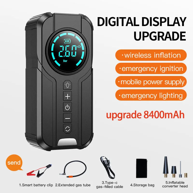 Portable black car tyre inflator with digital display, battery, and 12V power cable on a grey background.