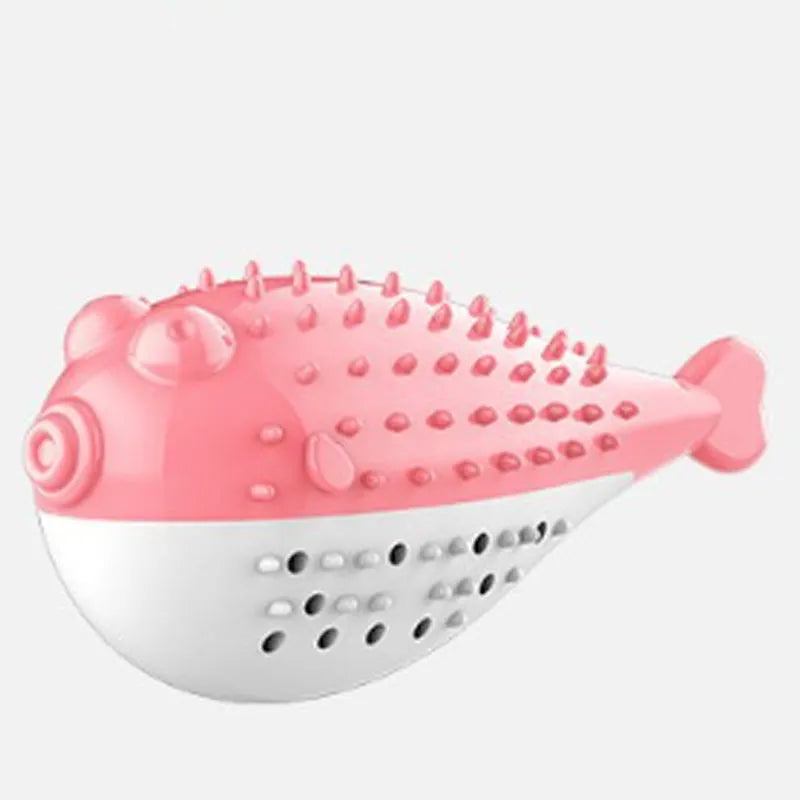 Blue silicone fish-shaped chew toy for cats on a white background.