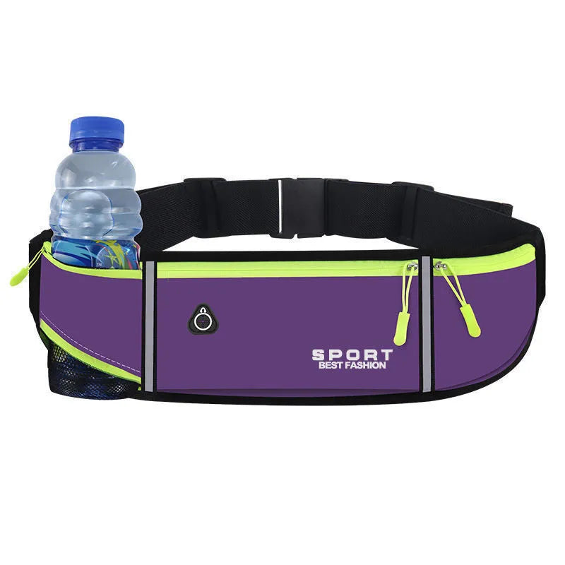 Waterproof Oxford cloth running belt bag in multiple colours, showing anti-theft design and pocket options.