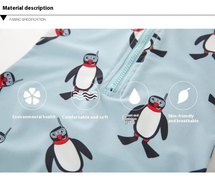 Boy's penguin print long sleeve swimsuit two-piece set with matching swim cap.