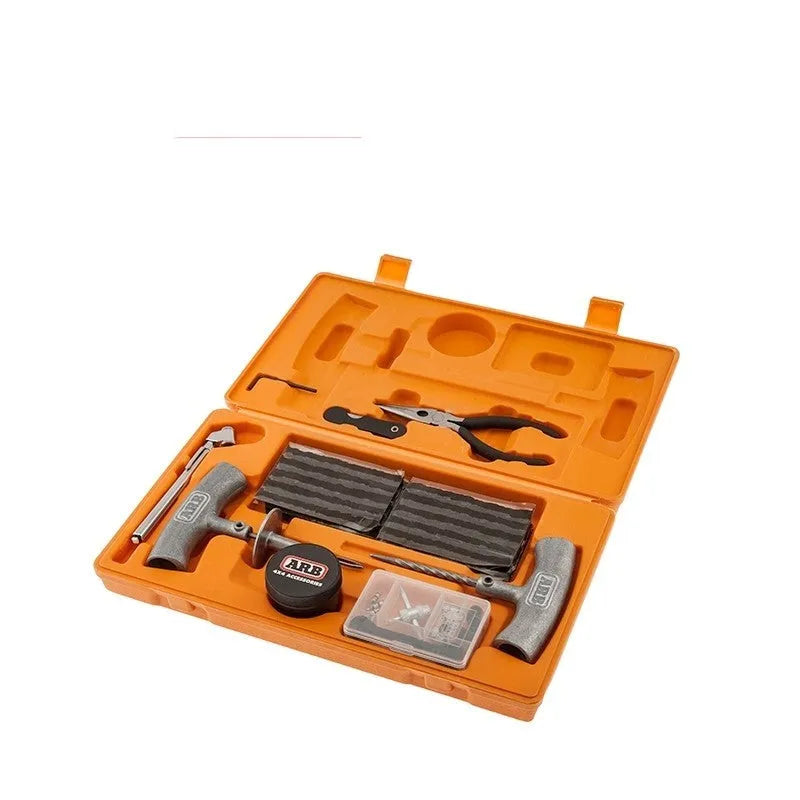 Speedy Seal emergency tyre repair tool set in a case with gauge, pliers, and insertion tools.